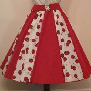 Cream Cherries / Plain Red  Panel Skirt