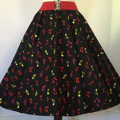 Black with small multi coloured Music Notes print patterned skirt